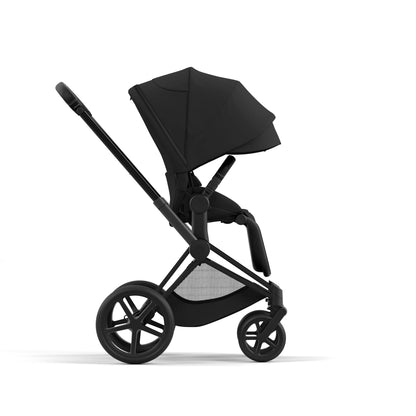 Cybex Priam matt black chassis with black handle and sepia black seat pack.