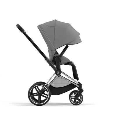 Cybex Priam matt black chassis with black handle and mirage grey seat pack.