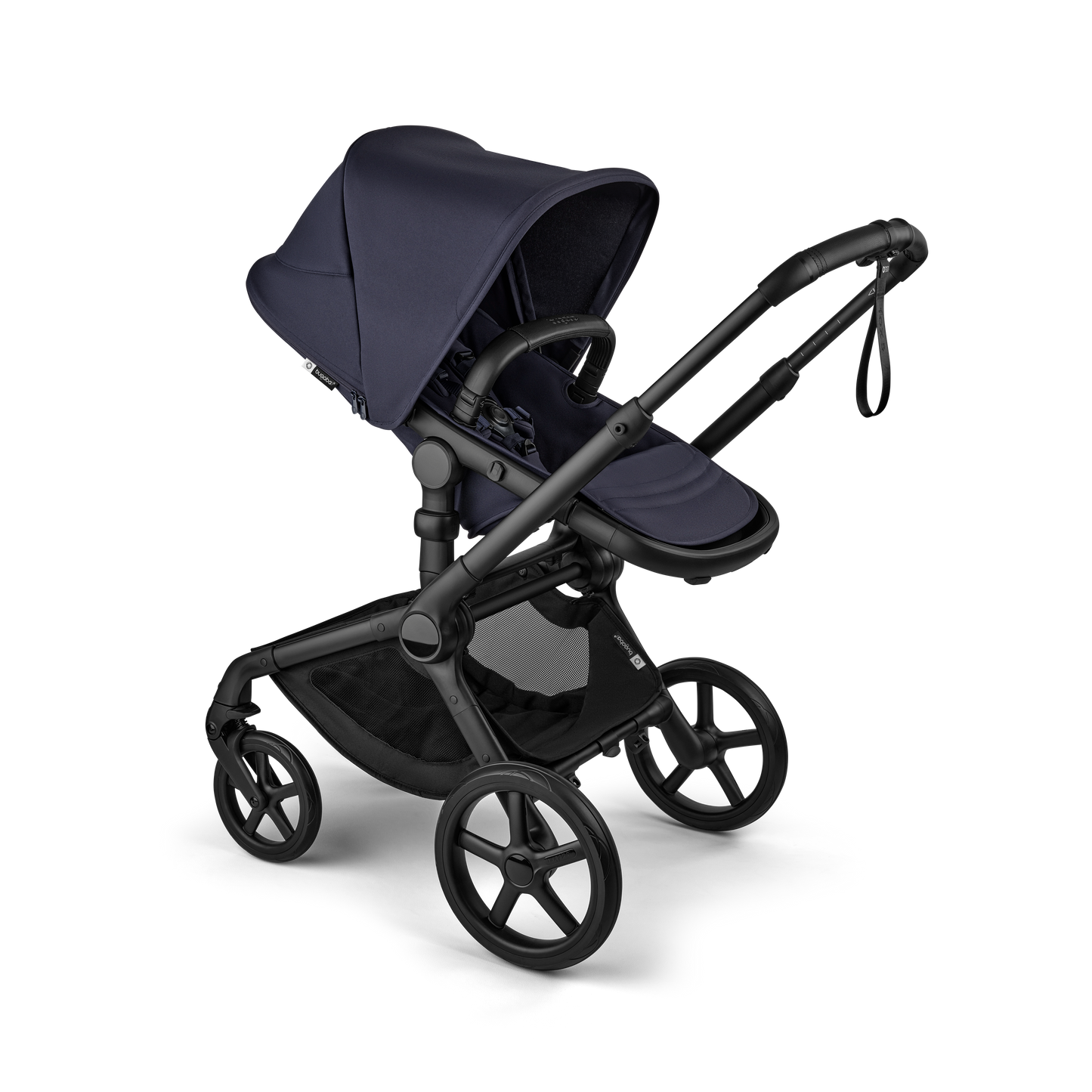 The deep indigo Bugaboo Fox5 pushchair, equipped with a seat and carrycot fabric, offers a compact fold for all-terrain use.