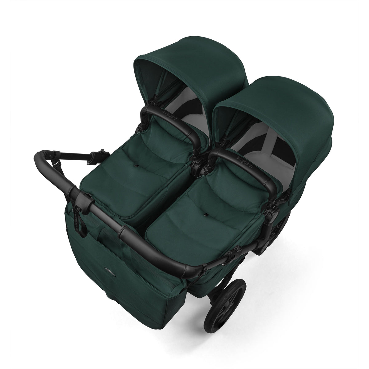 Bugaboo Donkey Twin travel system in fern green colour with matching accessories and cybex cloud s car seats and isofix bases.