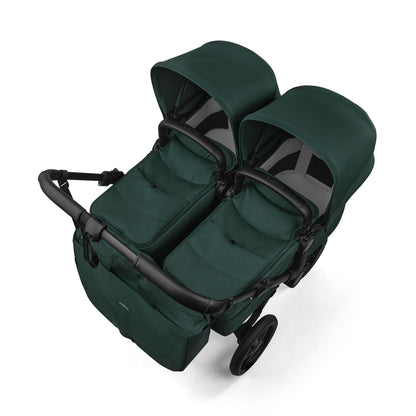 Bugaboo Donkey Twin travel system in fern green colour with matching accessories and cybex cloud s car seats and isofix bases.