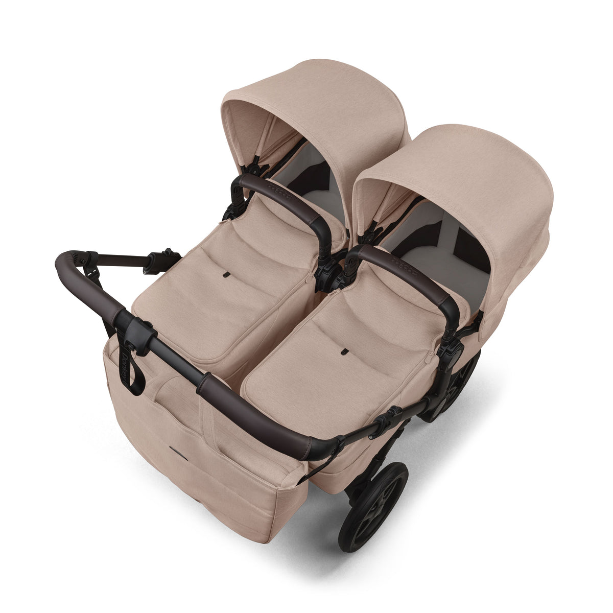 Bugaboo Donkey Twin travel system in desert taupe beige colour with matching accessories and cybex cloud s car seats and isofix bases.