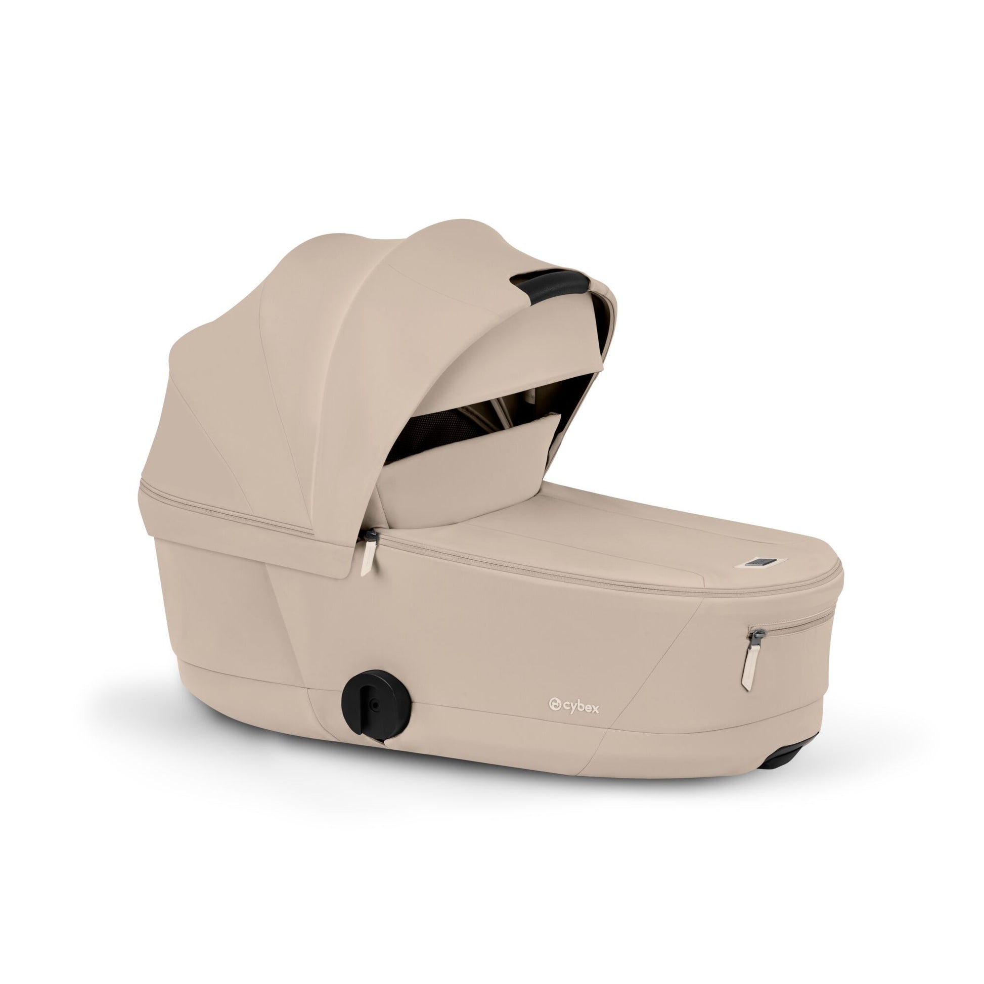 Cybex Priam Comfort combo in cozy beige colourway and matt black chassis complete with footmuff.