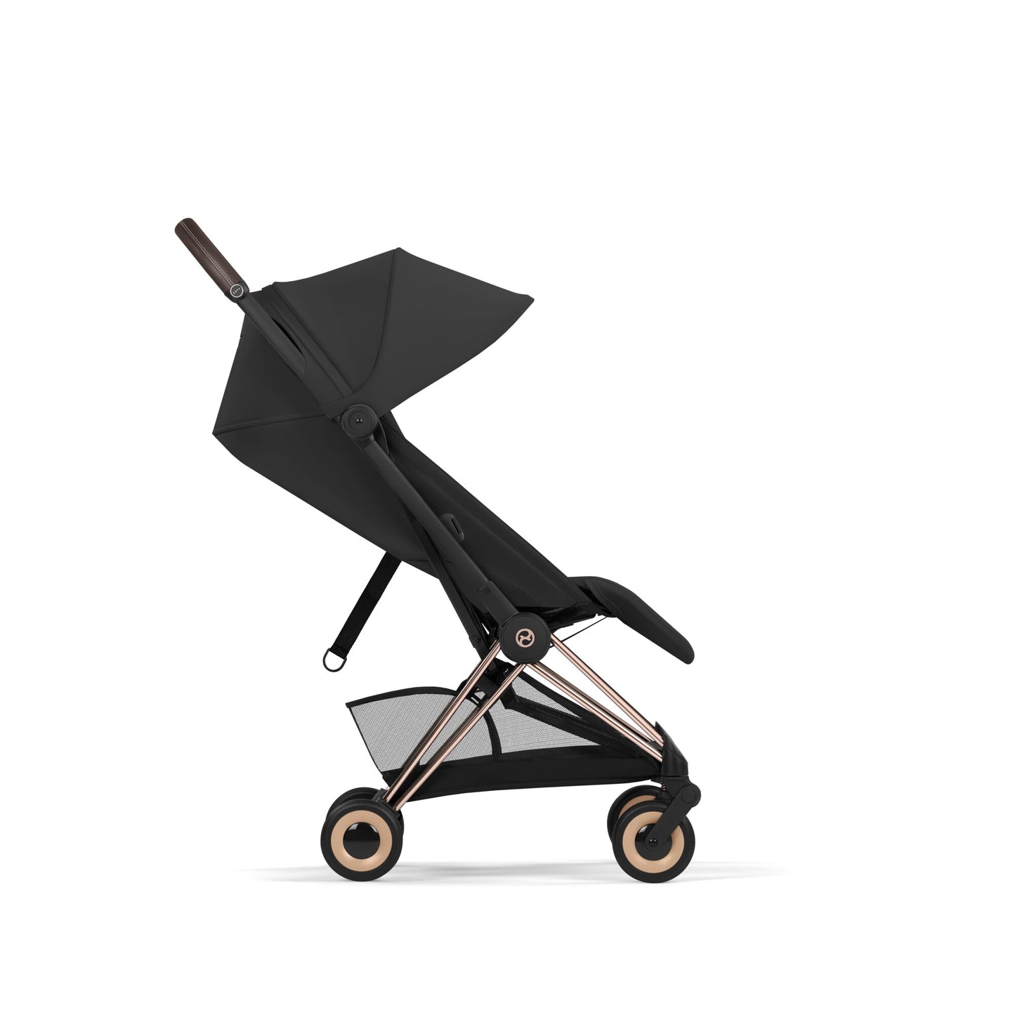 Cybex Coya Pushchair in sepia black colourway on a rose gold chassis.