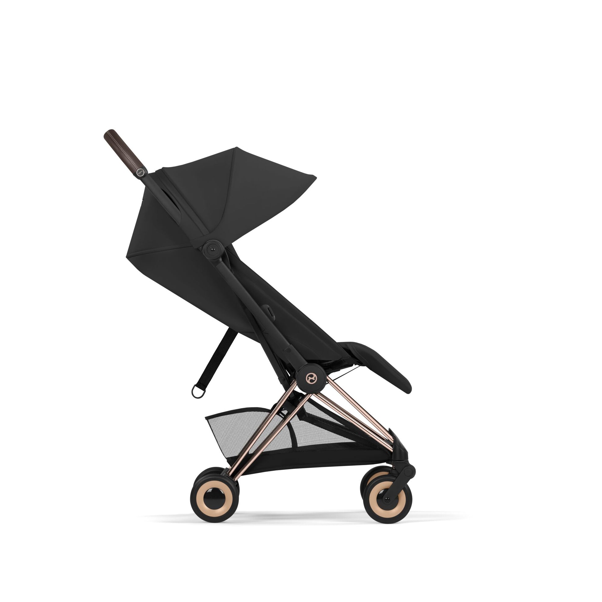 Cybex Coya Pushchair in sepia black colourway on a rose gold chassis.