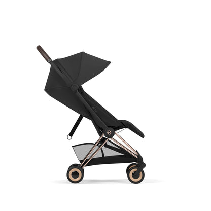 Cybex Coya Pushchair in sepia black colourway on a rose gold chassis.