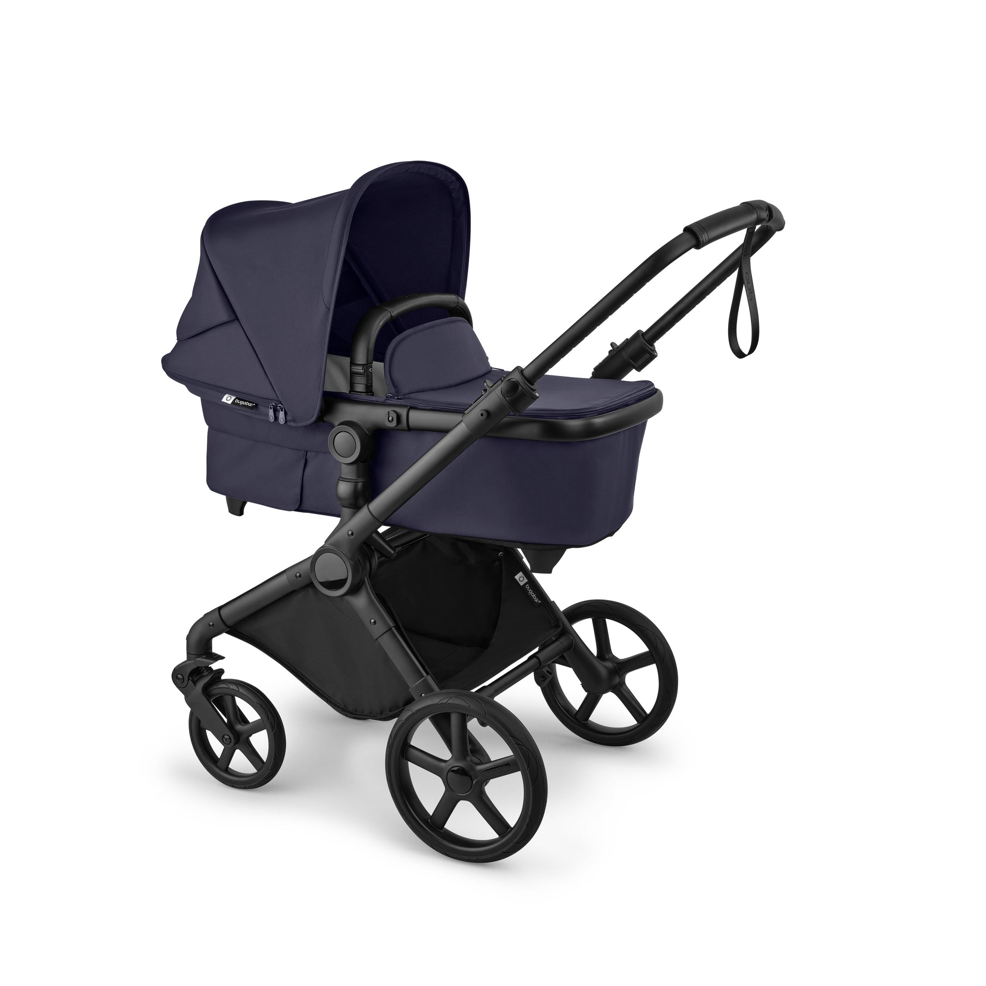 Bugaboo Cub stroller and carrycot in deep indigo blue with atonB2 car seat & base.