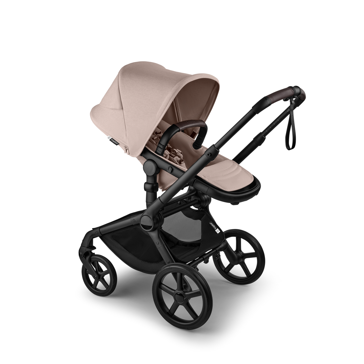 The desert taupe Bugaboo Fox5 pushchair, equipped with a seat and carrycot fabric, offers a compact fold for all-terrain use.