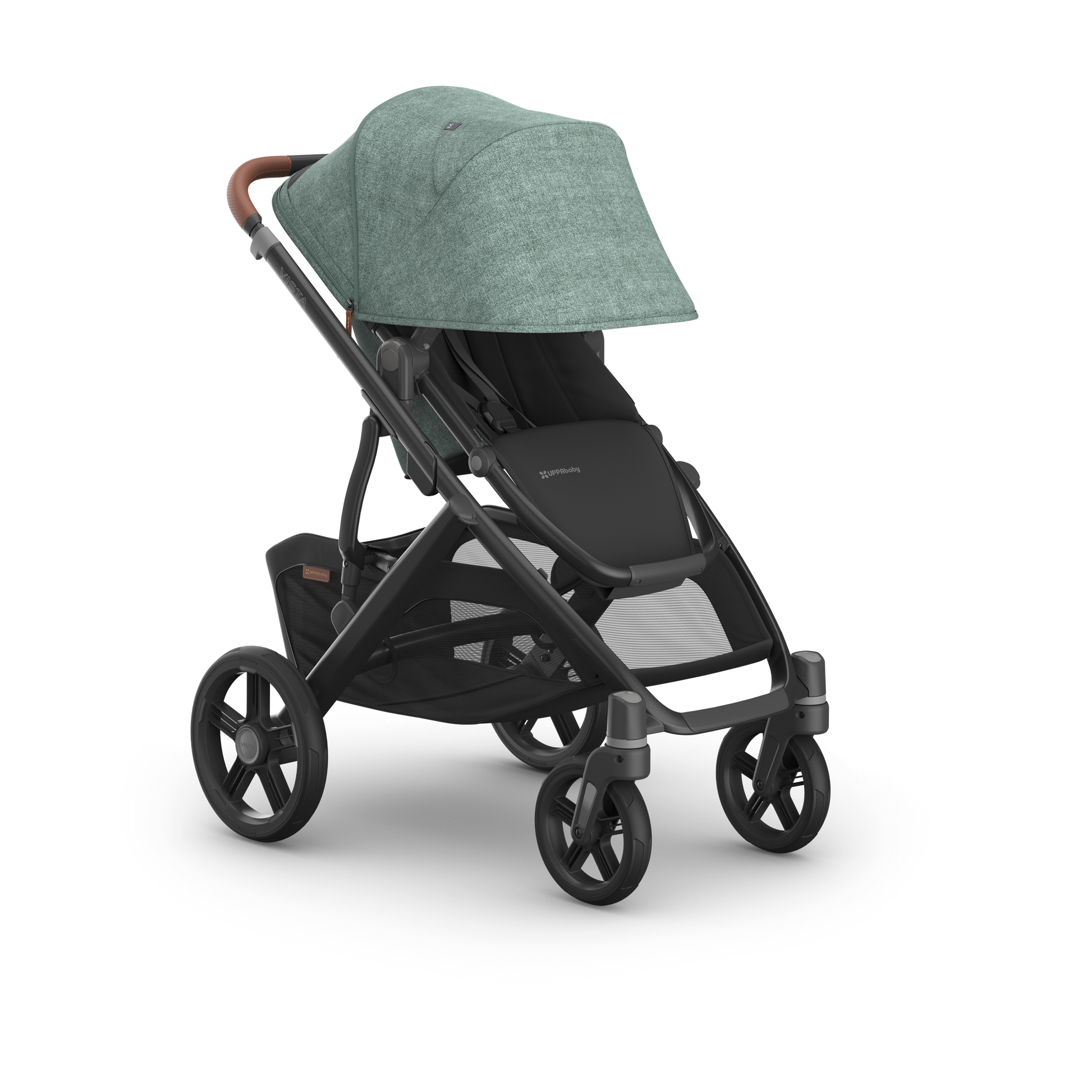 UPPAbaby Vista in Gwen showcasing stroller with hood down