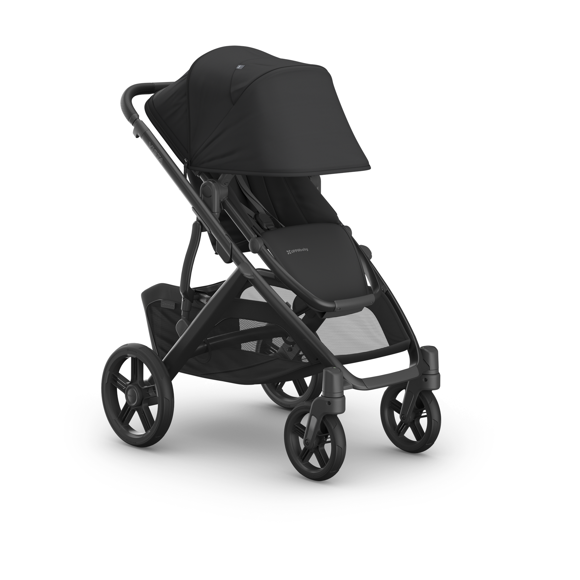 UPPAbaby Vista in Jake showcasing stroller with hood down