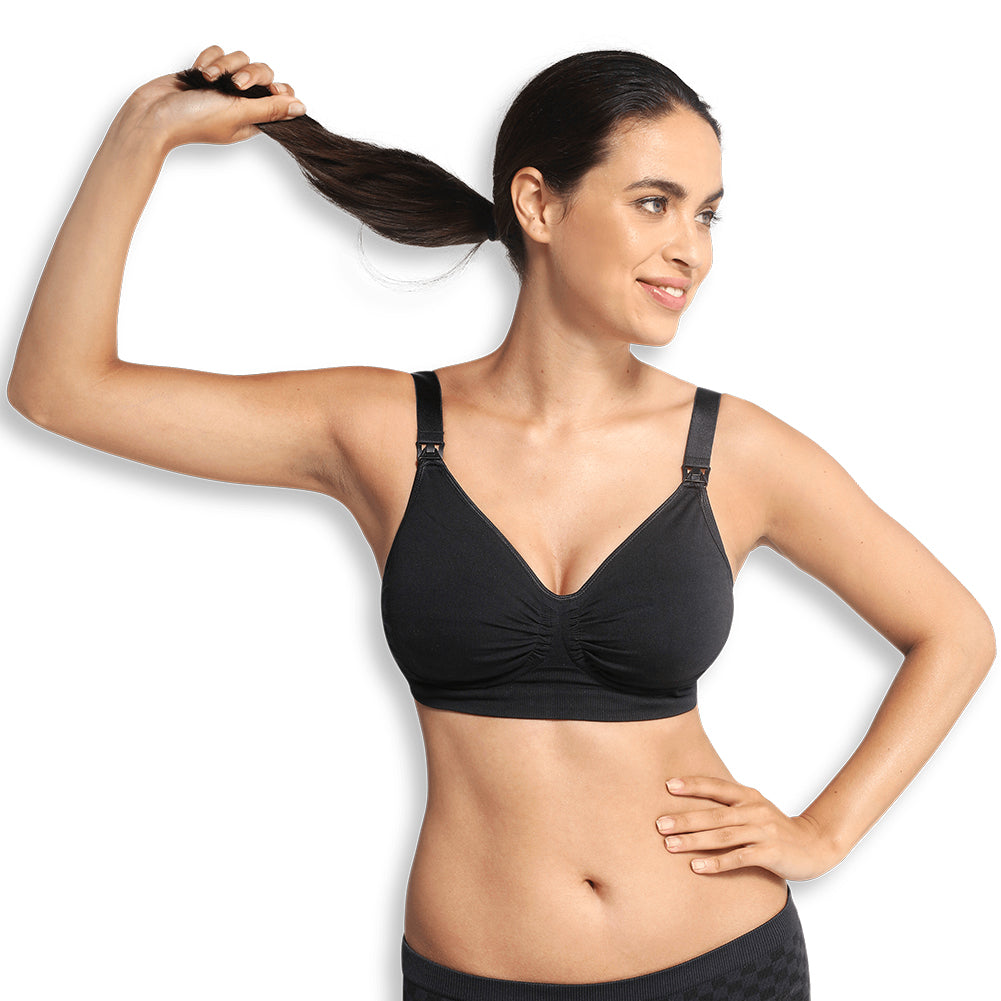 Nursing bra designed for maternity use, featuring carri-gel support and a bra extender.