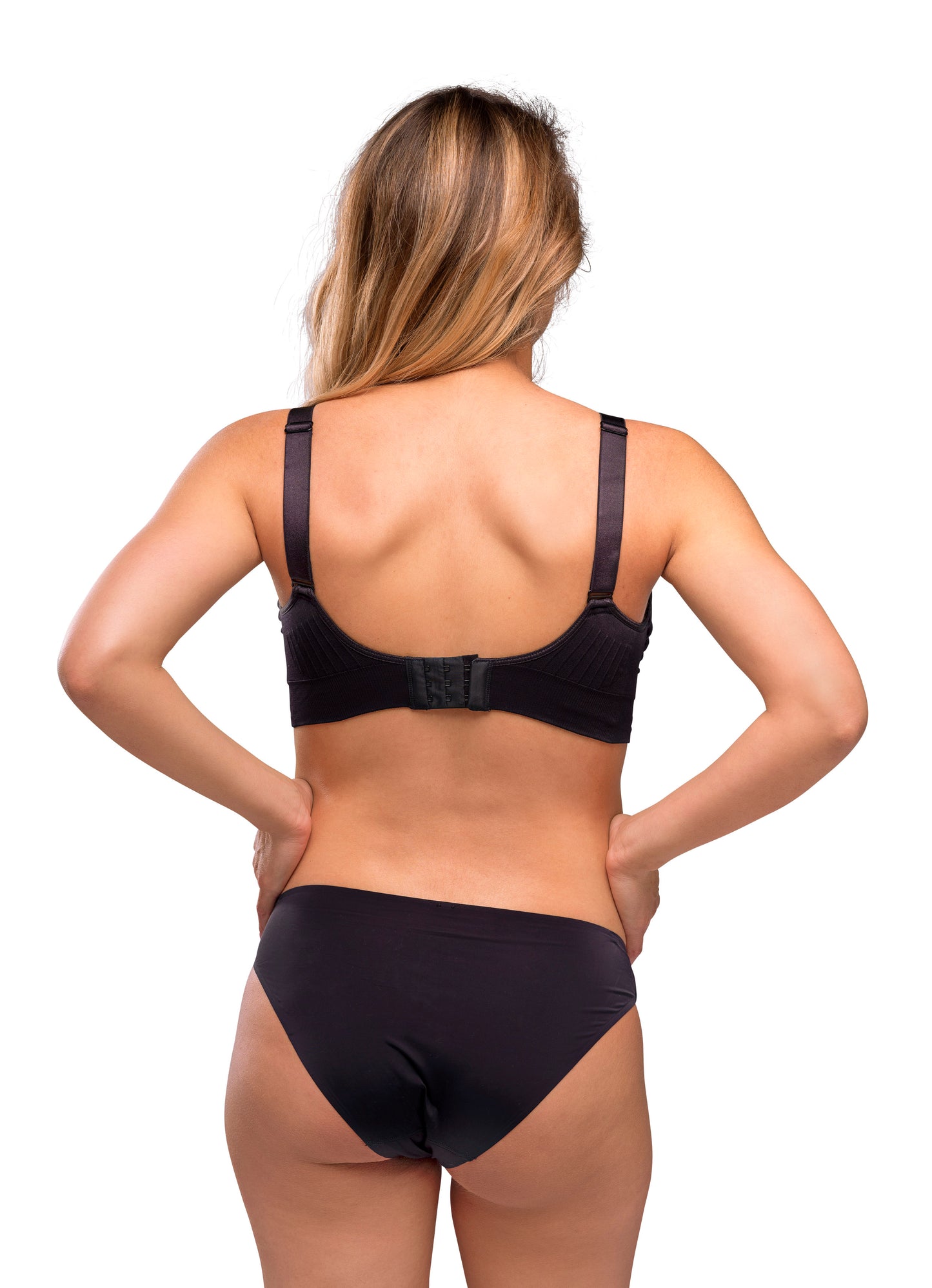 A comfortable black padded bra top with straps, designed for nursing and providing excellent support.