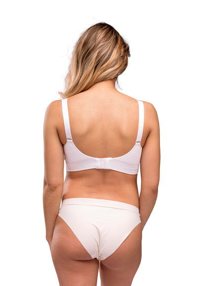 A comfortable white padded bra top with straps, designed for nursing and providing excellent support.