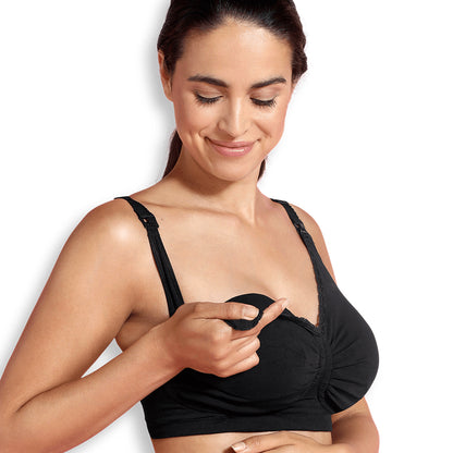 Stylish maternity and nursing bra top with straps, offering carri-gel support and removable moulded cups.