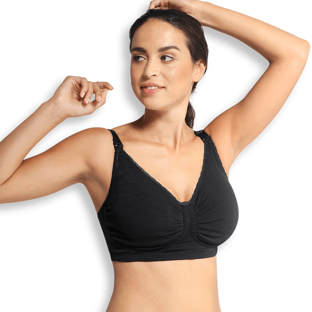 Stylish maternity and nursing bra top with straps, offering carri-gel support and removable moulded cups.