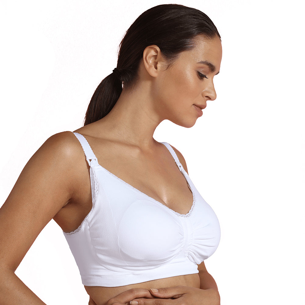 Stylish maternity and nursing bra top with straps, offering carri-gel support and removable moulded cups.