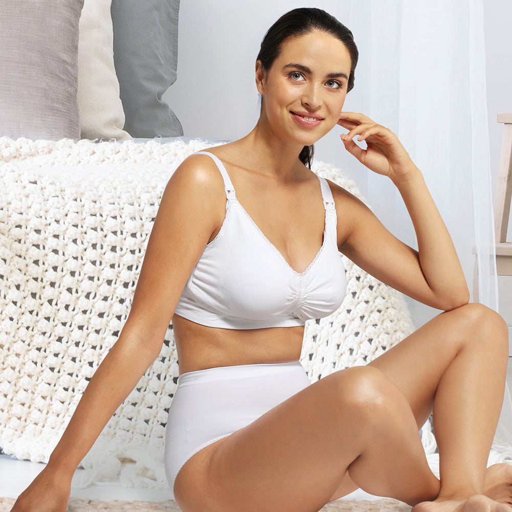 Stylish maternity and nursing bra top with straps, offering carri-gel support and removable moulded cups.