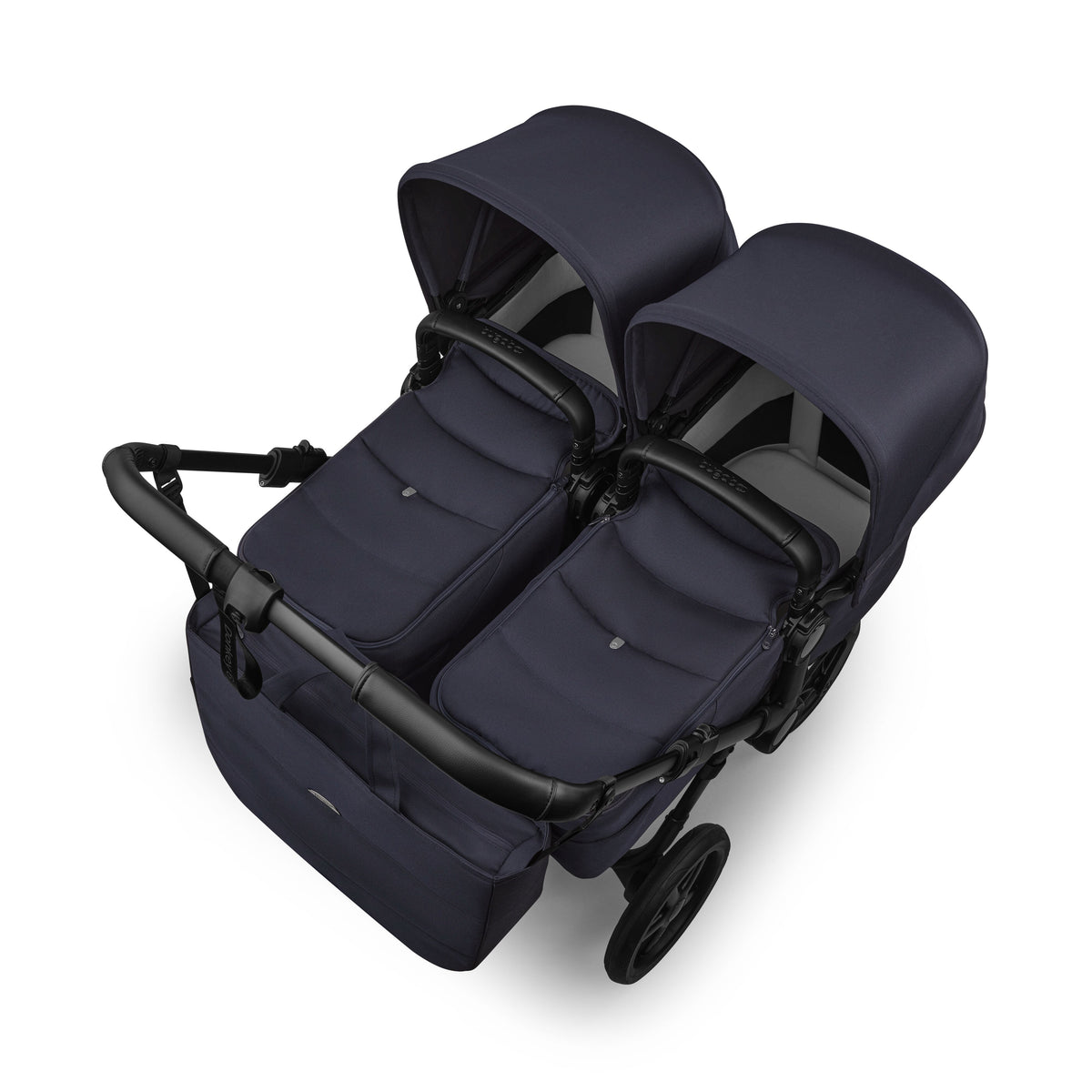 Bugaboo Donkey Twin travel system in deep indigo navy colour with matching accessories and cybex cloud s car seats and isofix bases.