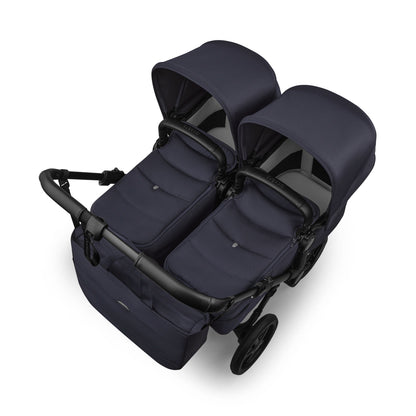 Bugaboo Donkey Twin travel system in deep indigo navy colour with matching accessories and cybex cloud s car seats and isofix bases.