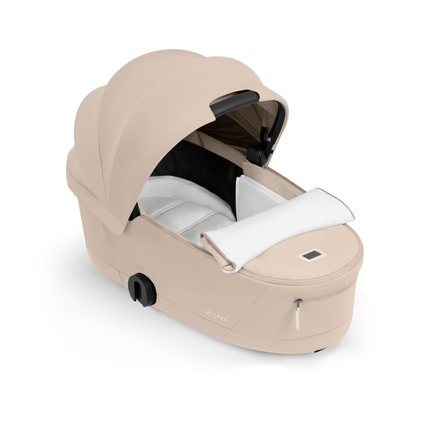 Cybex Priam Comfort combo in cozy beige colourway and matt black chassis complete with footmuff.