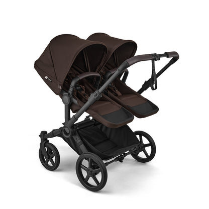 Bugaboo Donkey Twin travel system in cocoa brown colour with matching accessories and cybex cloud s car seats and isofix bases.