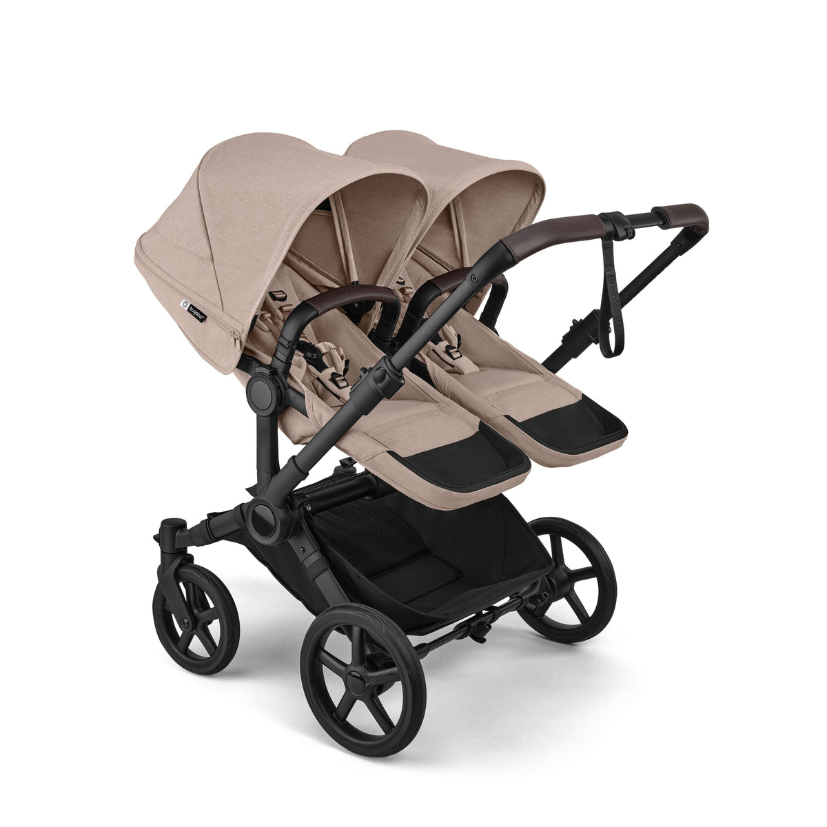 Bugaboo Donkey Twin travel system in desert taupe beige colour with matching accessories and cybex cloud s car seats and isofix bases.