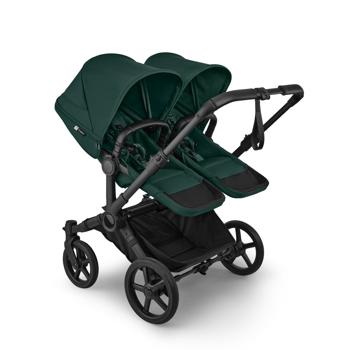 Bugaboo Donkey Twin travel system in fern green colour with matching accessories and cybex cloud s car seats and isofix bases.