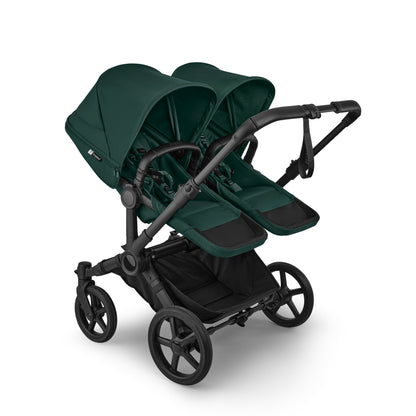 Bugaboo Donkey Twin travel system in fern green colour with matching accessories and cybex cloud s car seats and isofix bases.