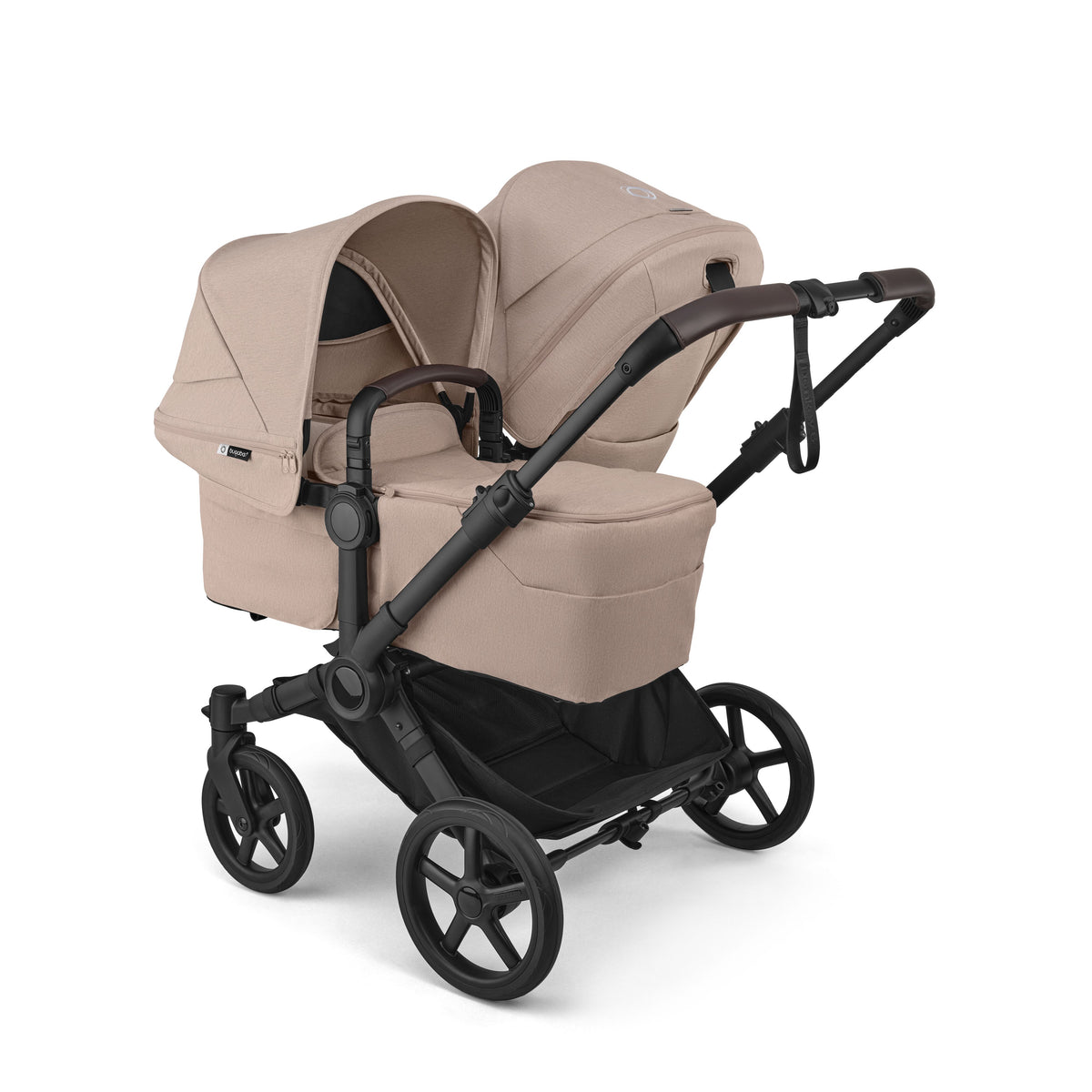 Bugaboo Donkey double travel system in desert taupe beige colour with cybex cloud s car seat and isofix base.