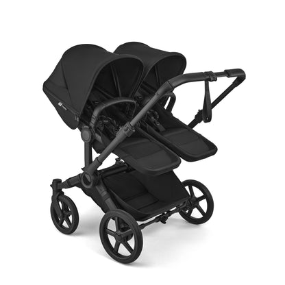 Bugaboo Donkey Twin travel system in heritage black colour with matching accessories and cybex cloud s car seats and isofix bases.