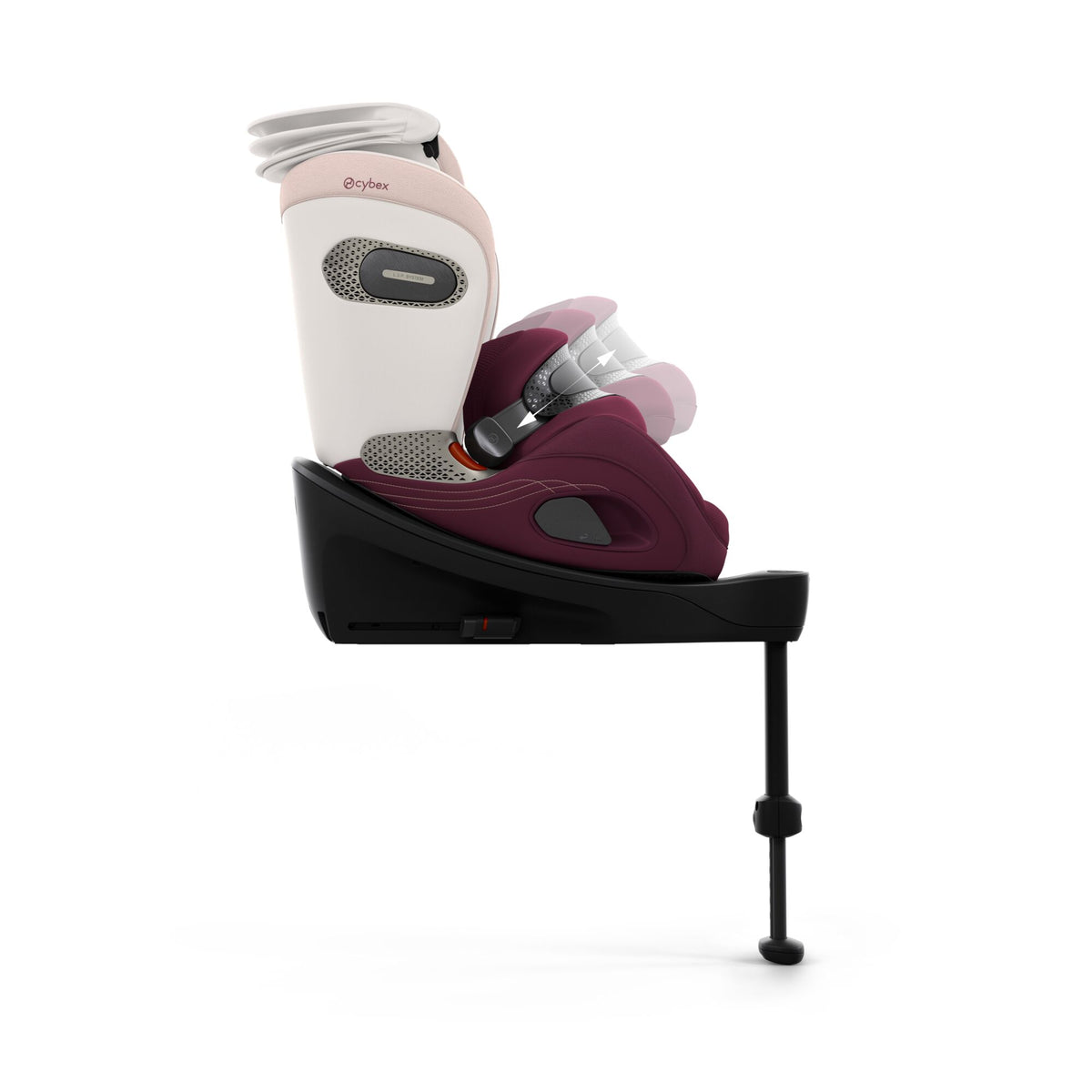 Cybex anoris Si car seat with airbag in quartz pink style colour, with isofix base attatched.