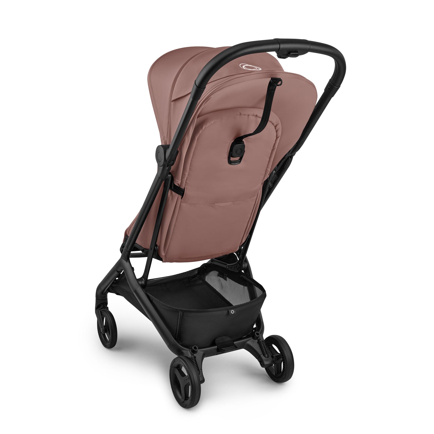 Bugaboo butterfly 2 stroller in dusty pink fabrics on a black chassis.