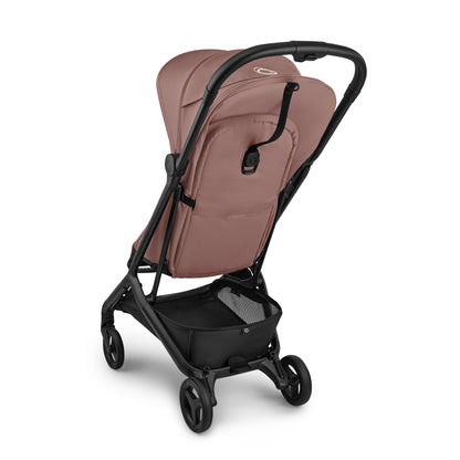 Bugaboo butterfly 2 stroller in dusty pink fabrics on a black chassis.