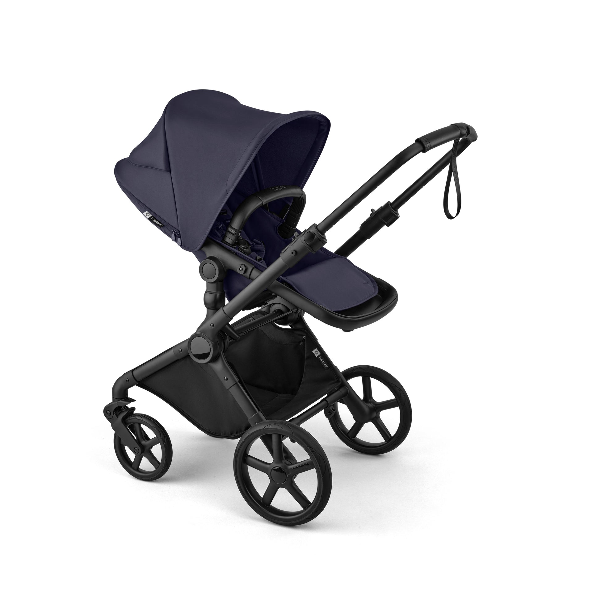 Bugaboo Cub stroller and carrycot in deep indigo blue with cloud t car seat & base.