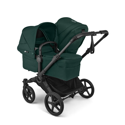 Bugaboo Donkey double travel system in fern dark green colour with cybex cloud s car seat and isofix base.