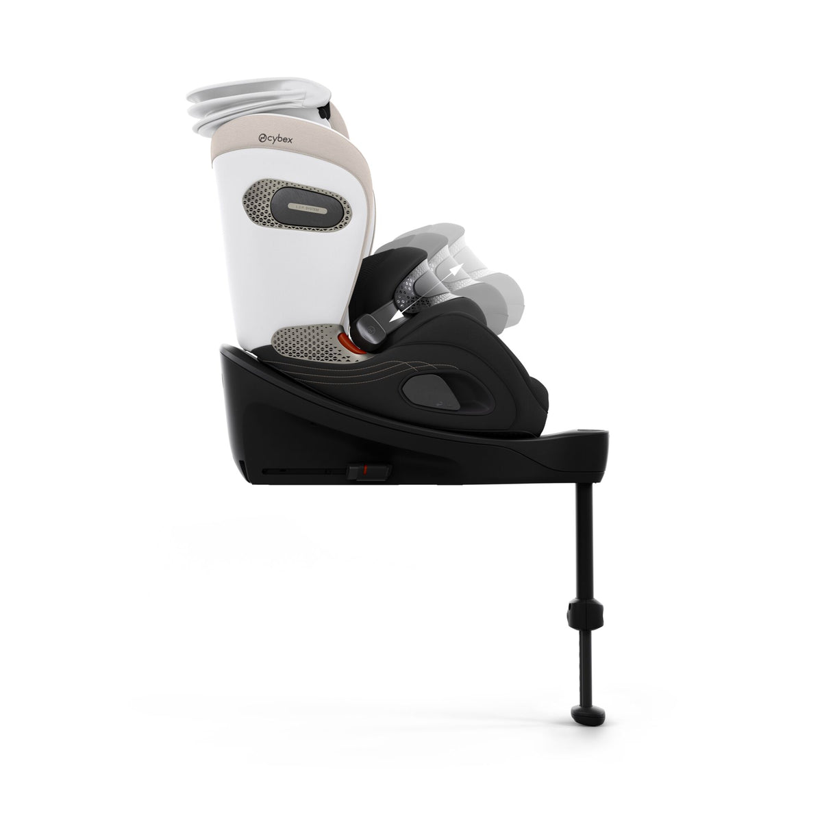 Cybex anoris Si car seat with airbag in off white style colour, with isofix base attatched.