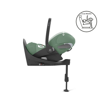 Cybex Cloud T car seat in leaf green, highlighting contemporary safety features.