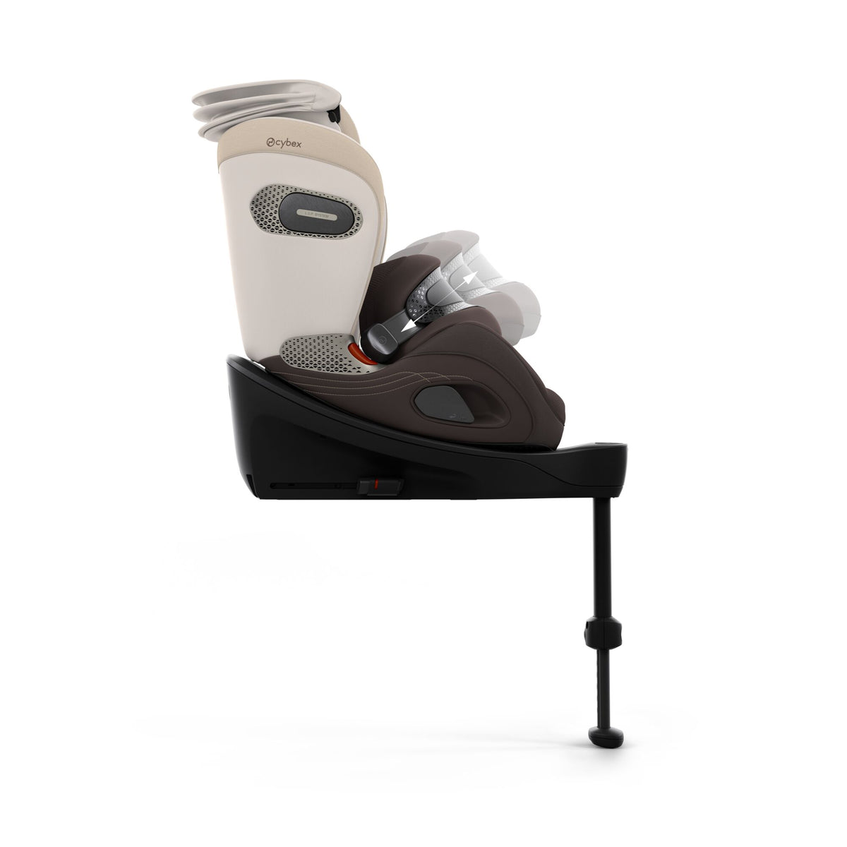 Cybex anoris Si car seat with airbag in amber brown colour, with isofix base attatched.