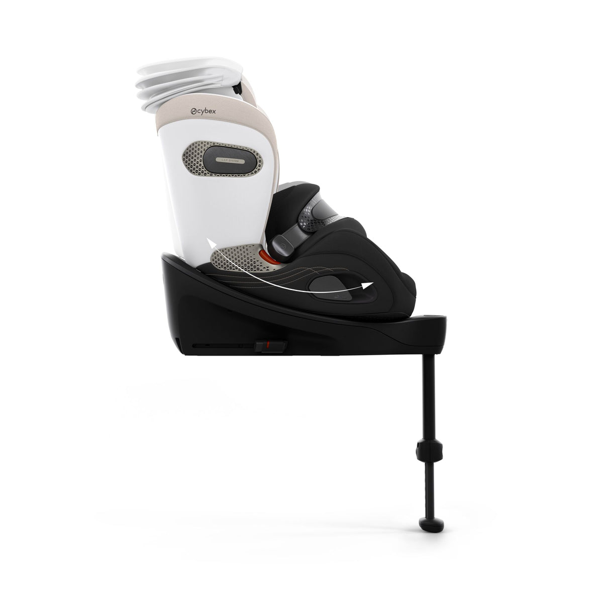 Cybex anoris Si car seat with airbag in off white style colour, with isofix base attatched.
