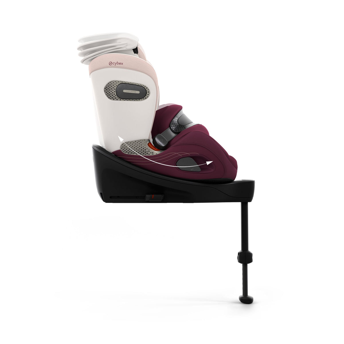Cybex anoris Si car seat with airbag in quartz pink style colour, with isofix base attatched.