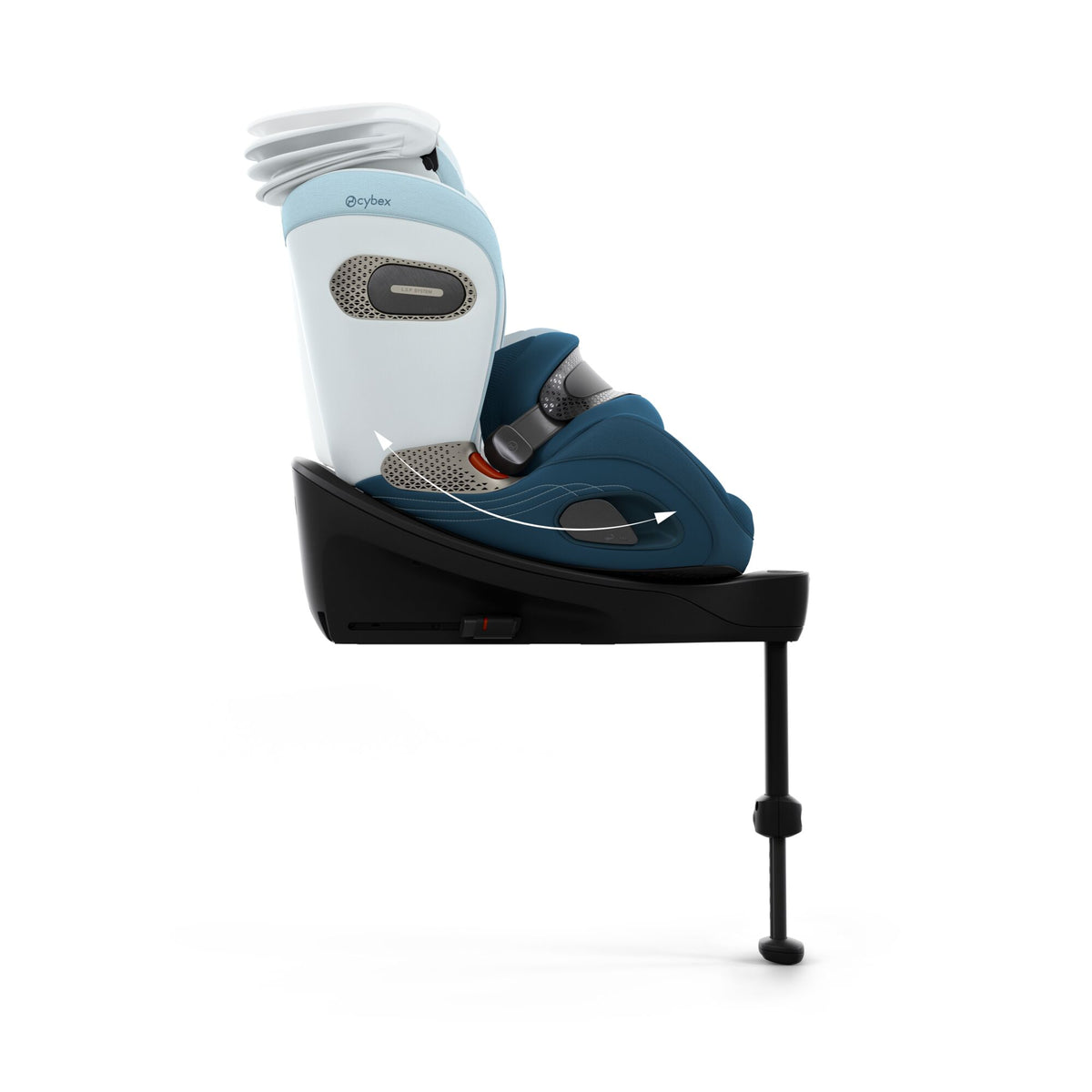 Cybex anoris Si car seat with airbag in opal blue style colour, with isofix base attatched.