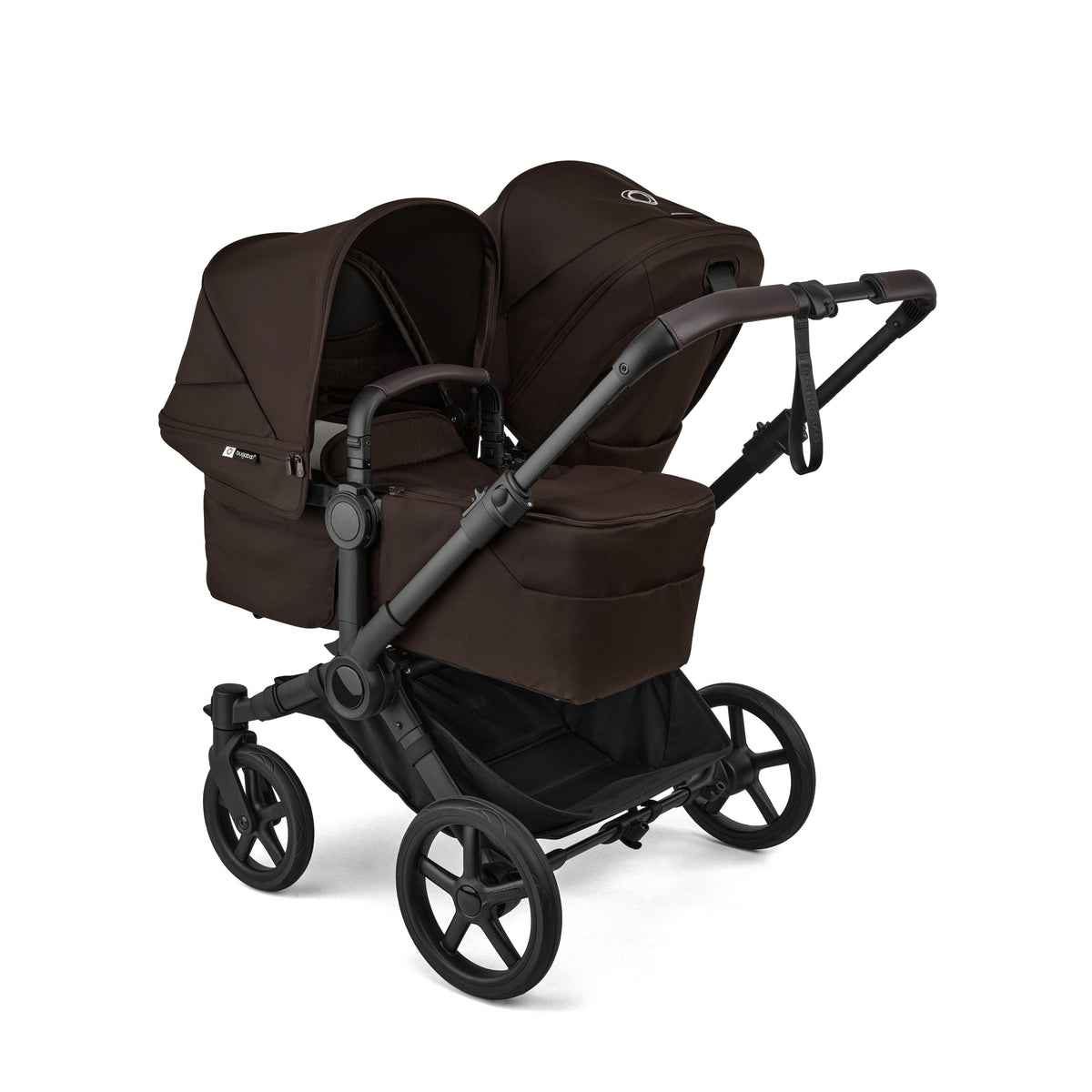Bugaboo Donkey double travel system in cocoa brown colour with cybex cloud s car seat and isofix base.