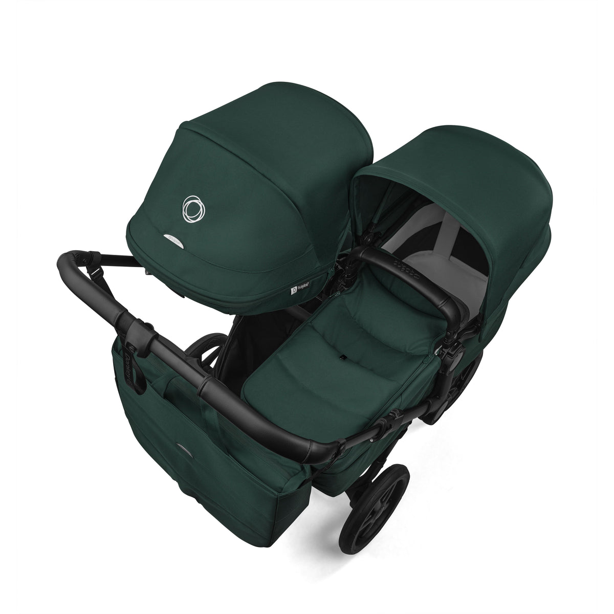 Bugaboo Donkey double travel system in fern dark green colour with cybex cloud s car seat and isofix base.