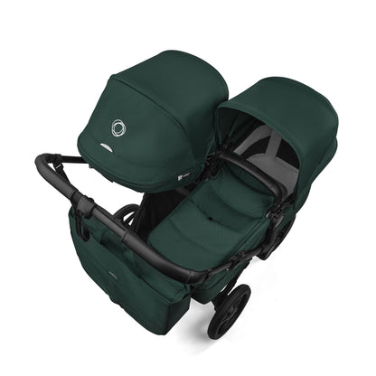 Bugaboo Donkey double travel system in fern dark green colour with cybex cloud s car seat and isofix base.