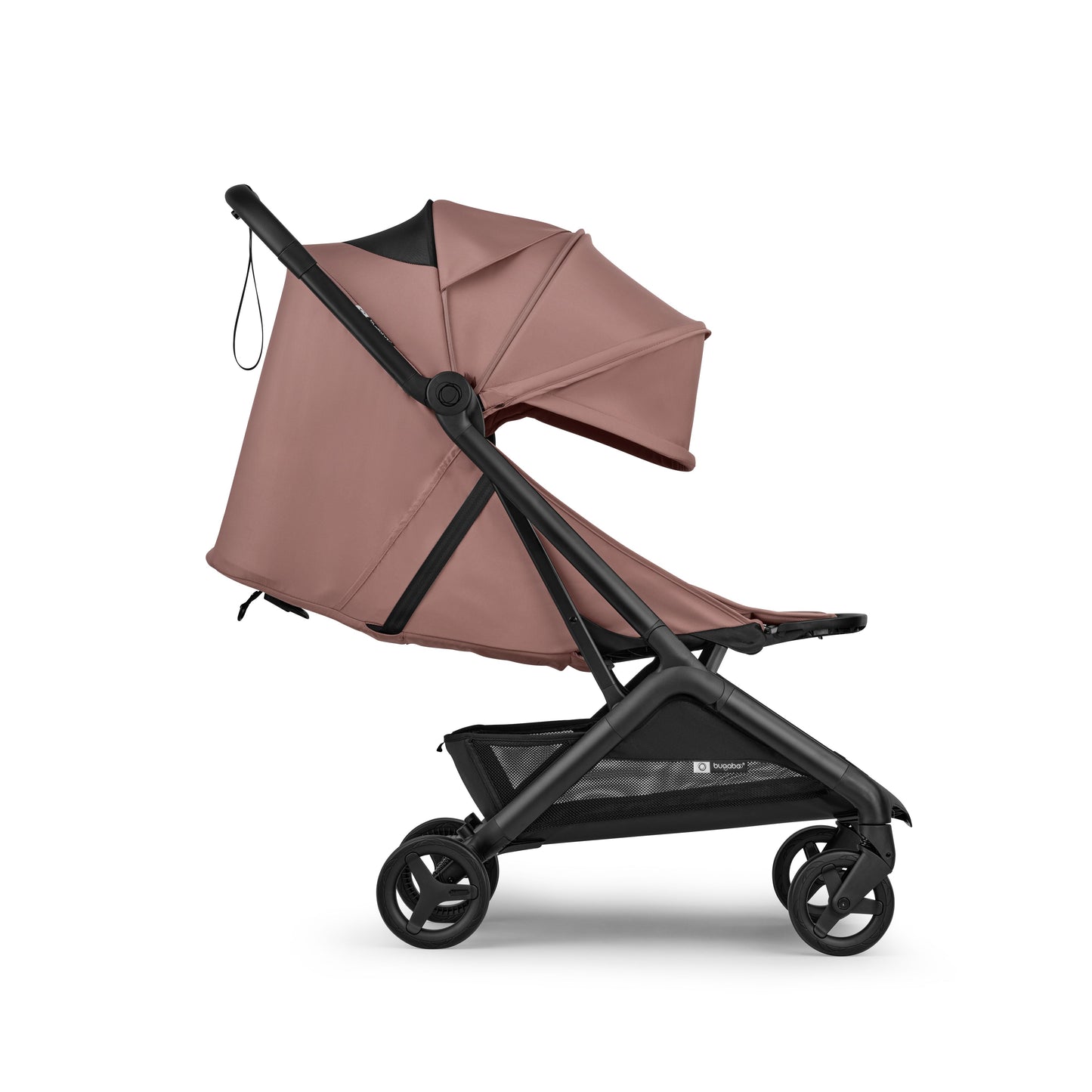 Bugaboo butterfly 2 stroller in dusty pink fabrics on a black chassis.