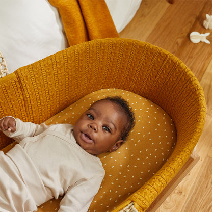 Honey Moses basket with baby sitting comfortably on top.