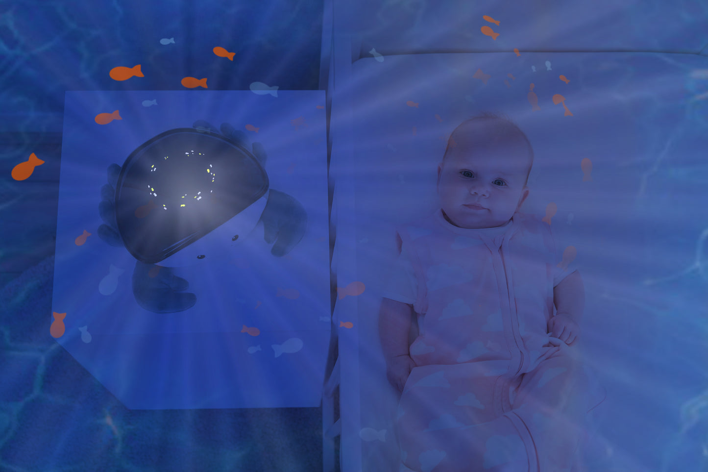 A teal and white crab shaped projector, sitting on a bedside locker displaying night light colours, while the baby rests in their cot.