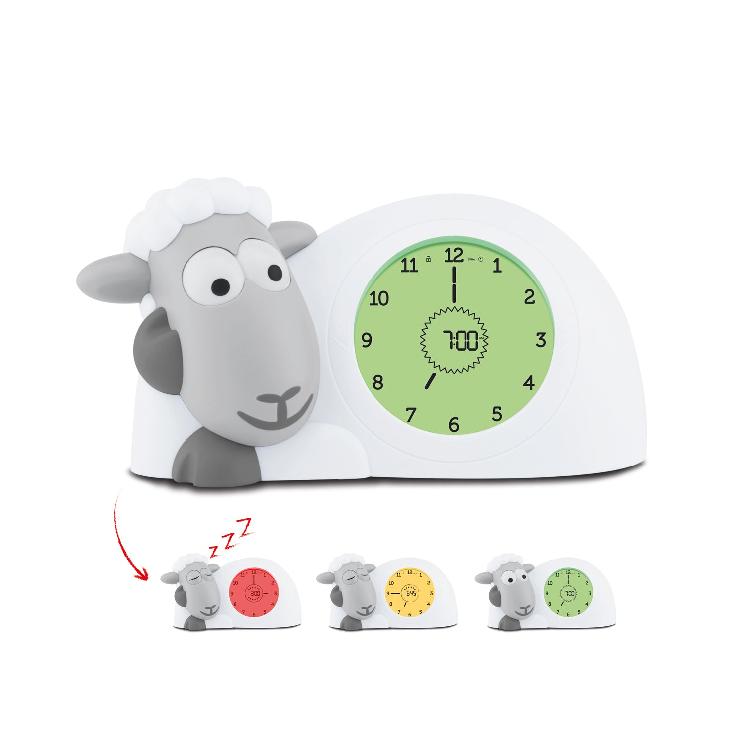 A white a grey sheep with a clock in its belly showing the different colours of its belly when the time changes.