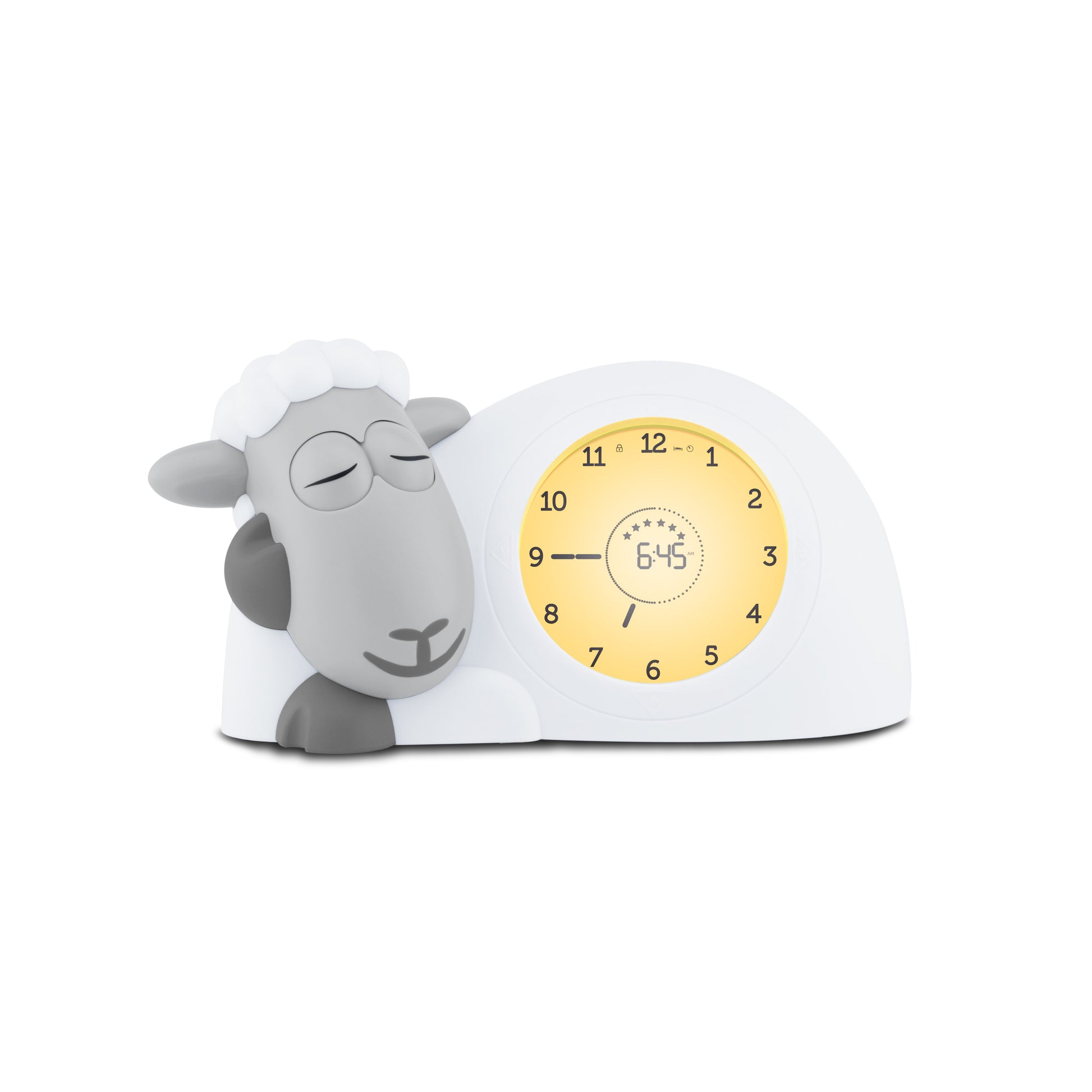 A white a grey sheep with a clock in its belly showing the different colours of its belly when the time changes.