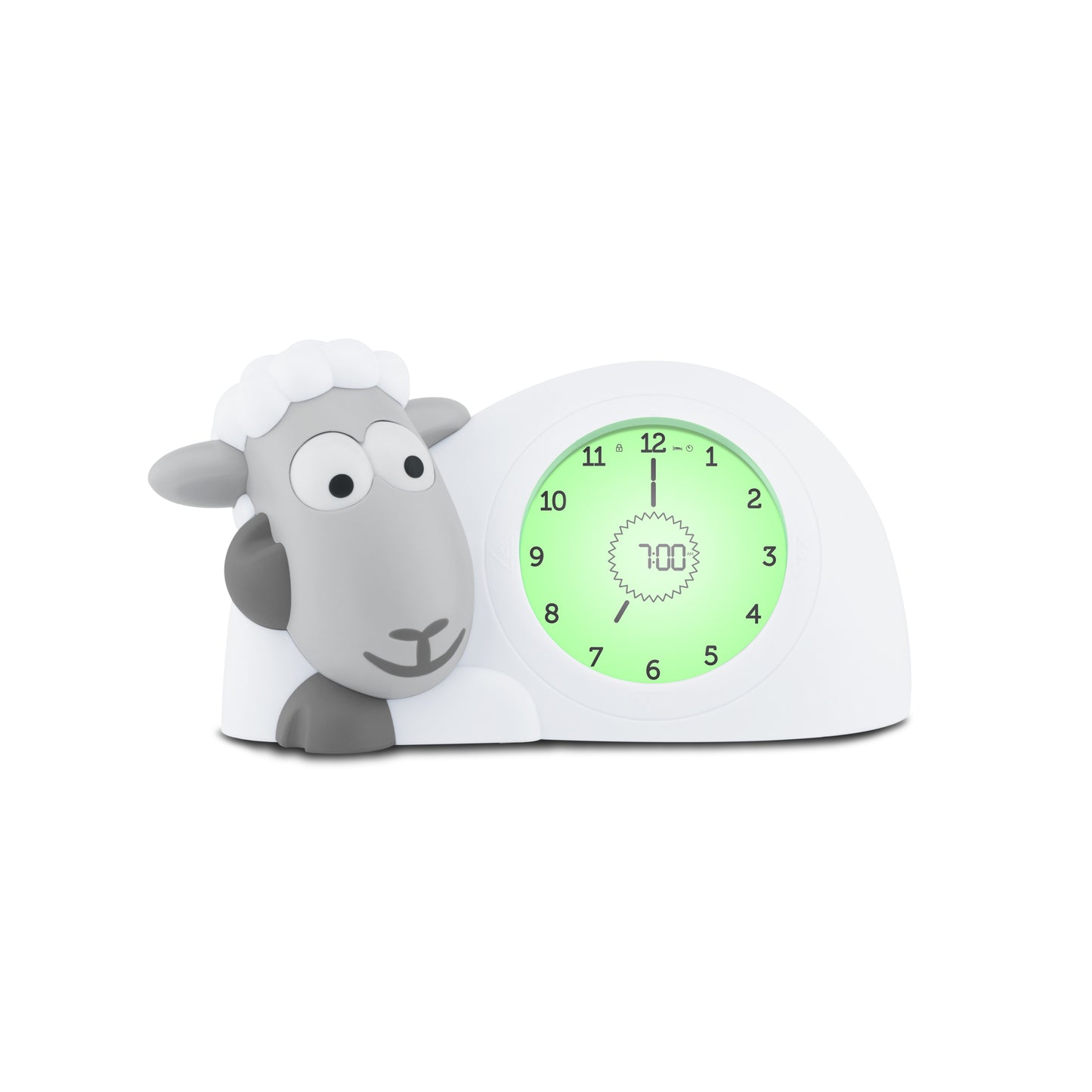 A white a grey sheep with a clock in its belly showing the different colours of its belly when the time changes.